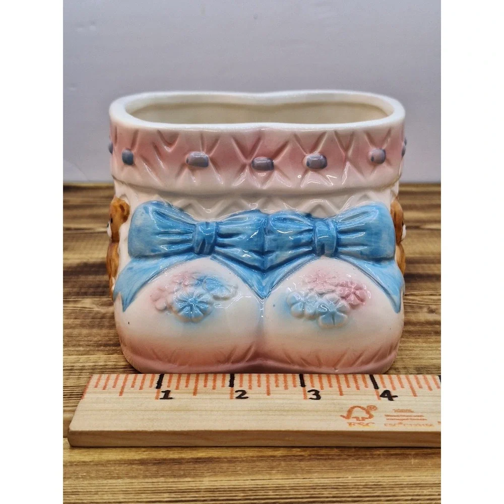Ceramic Vase‎ Teddy Bear Baby Shoes Boots Pink Bow